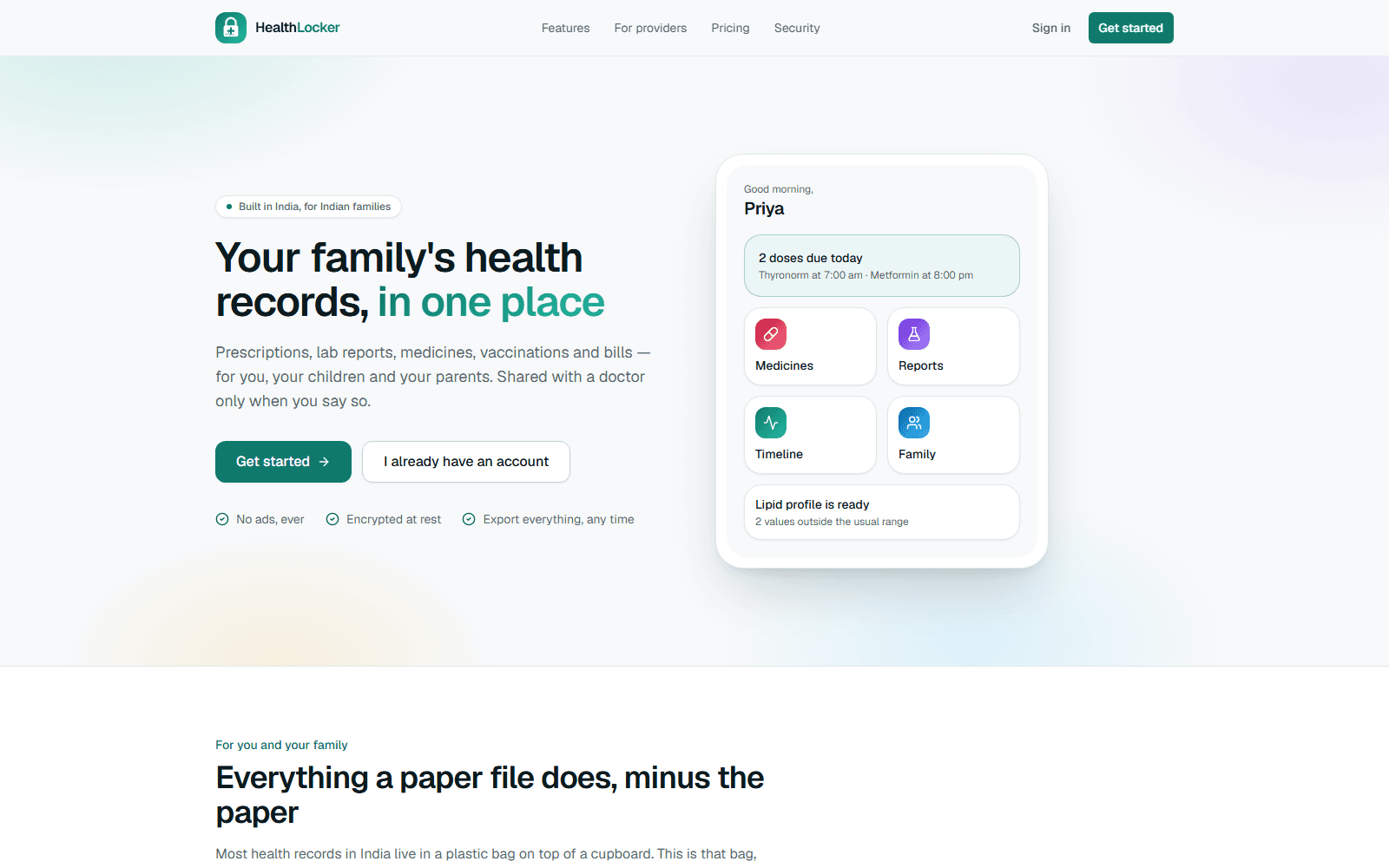 The Health Locker home page, showing a family medical records app