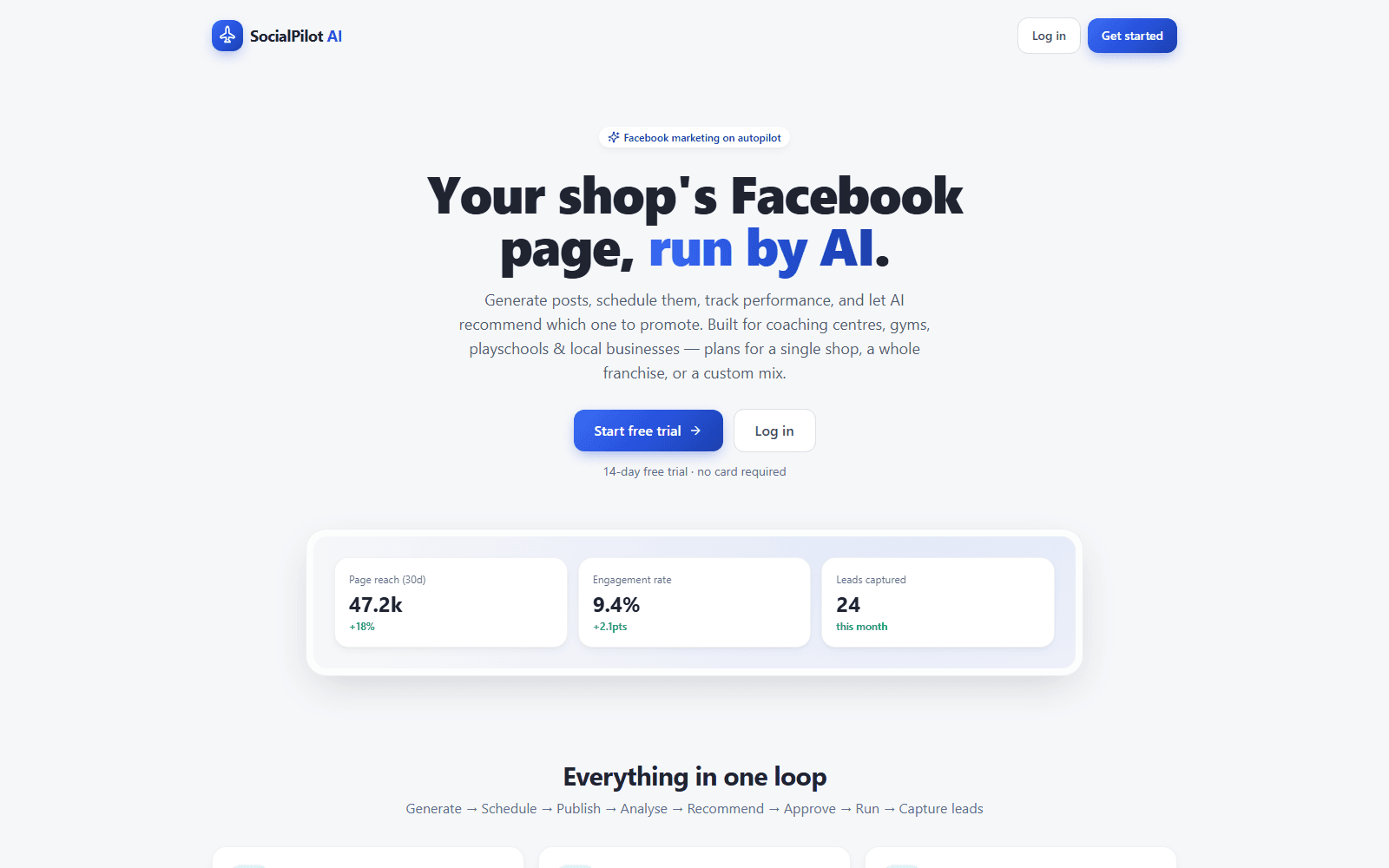 The SocialPilot AI home page, showing Facebook page automation